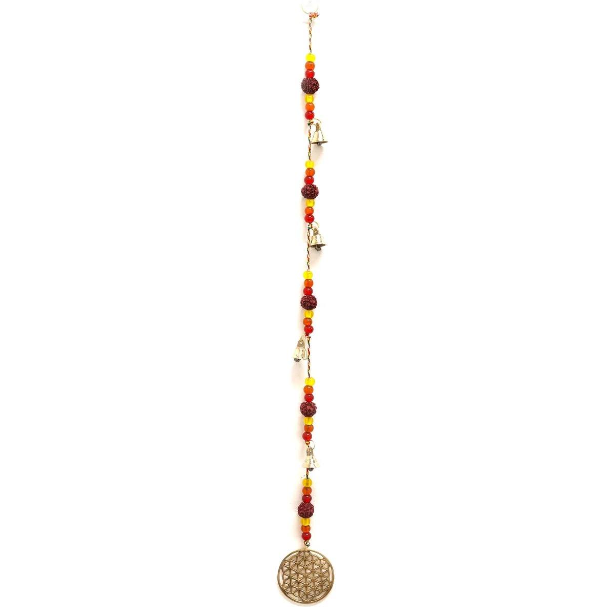 Brass Flower of Life with rudraksha bead chimes hanging on string bells against white background