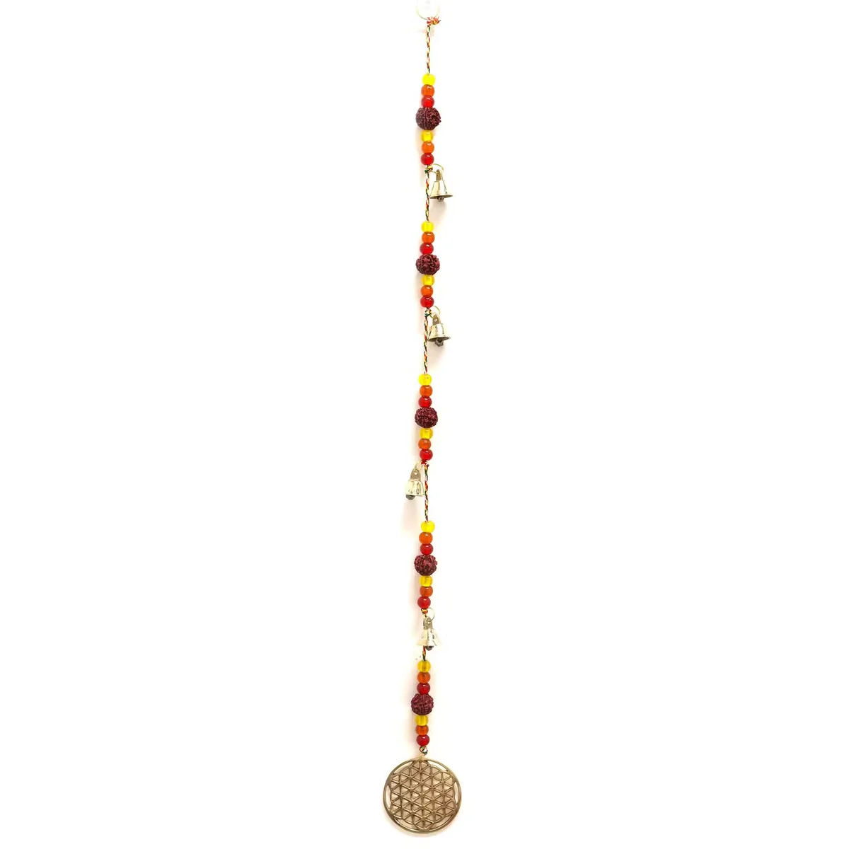 Indian brass chimes featuring a brass Flower of Life and rudraksha beads on a string with small bells attached