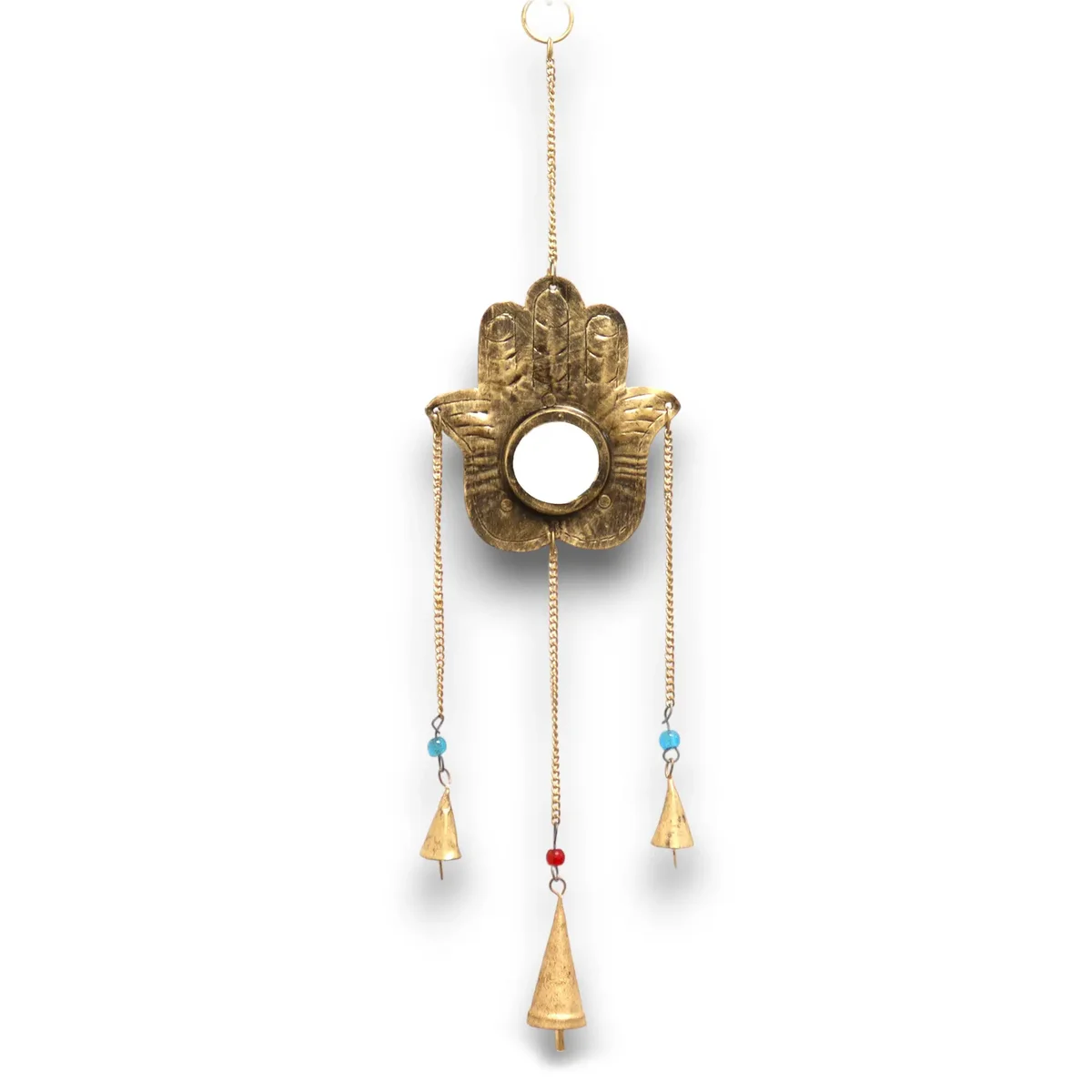 Indian chimes decor featuring a Hamsa hand with small mirror and three hanging bells on a string