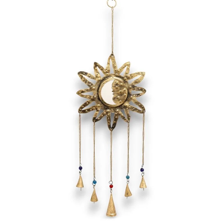 Indian chime mirror set featuring five small metal bells in a Sun Moon style.