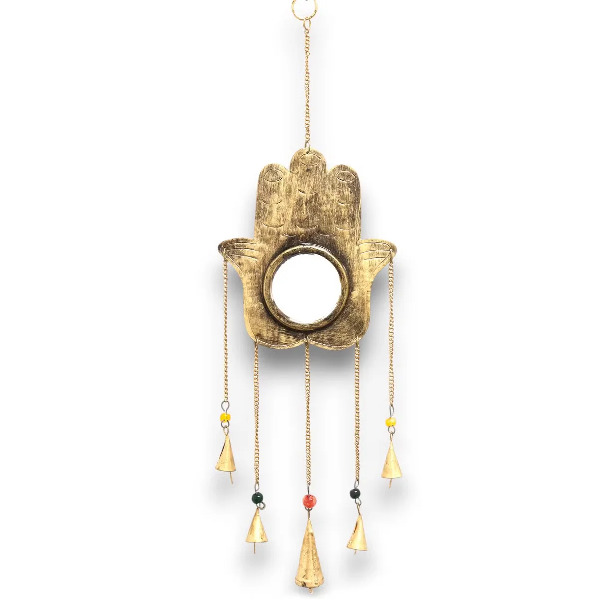 Large Hamsa mirror wind chime with five hanging bells and intricate Indian-inspired design