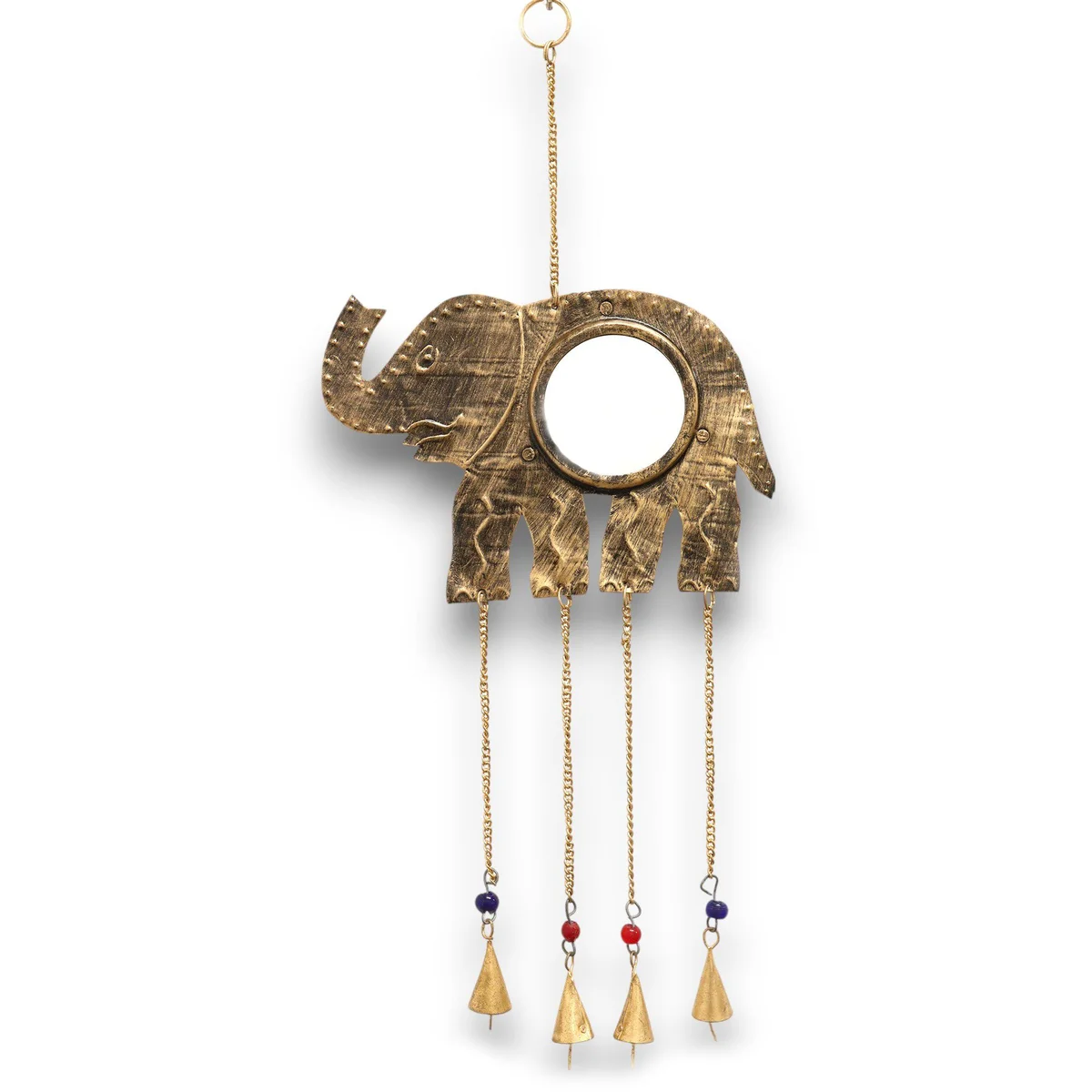 Large elephant mirror with four decorative bells hanging, traditional Indian chimes design