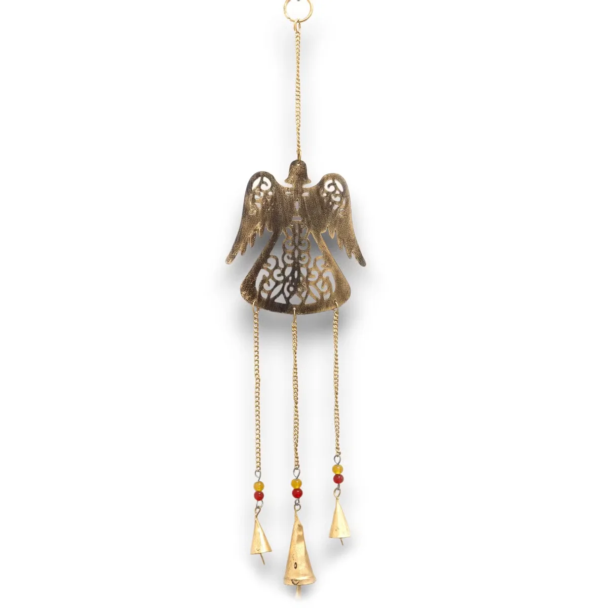 Angel-shaped Indian chimes with three bells hanging, ideal outdoor garden chimes for decorative use