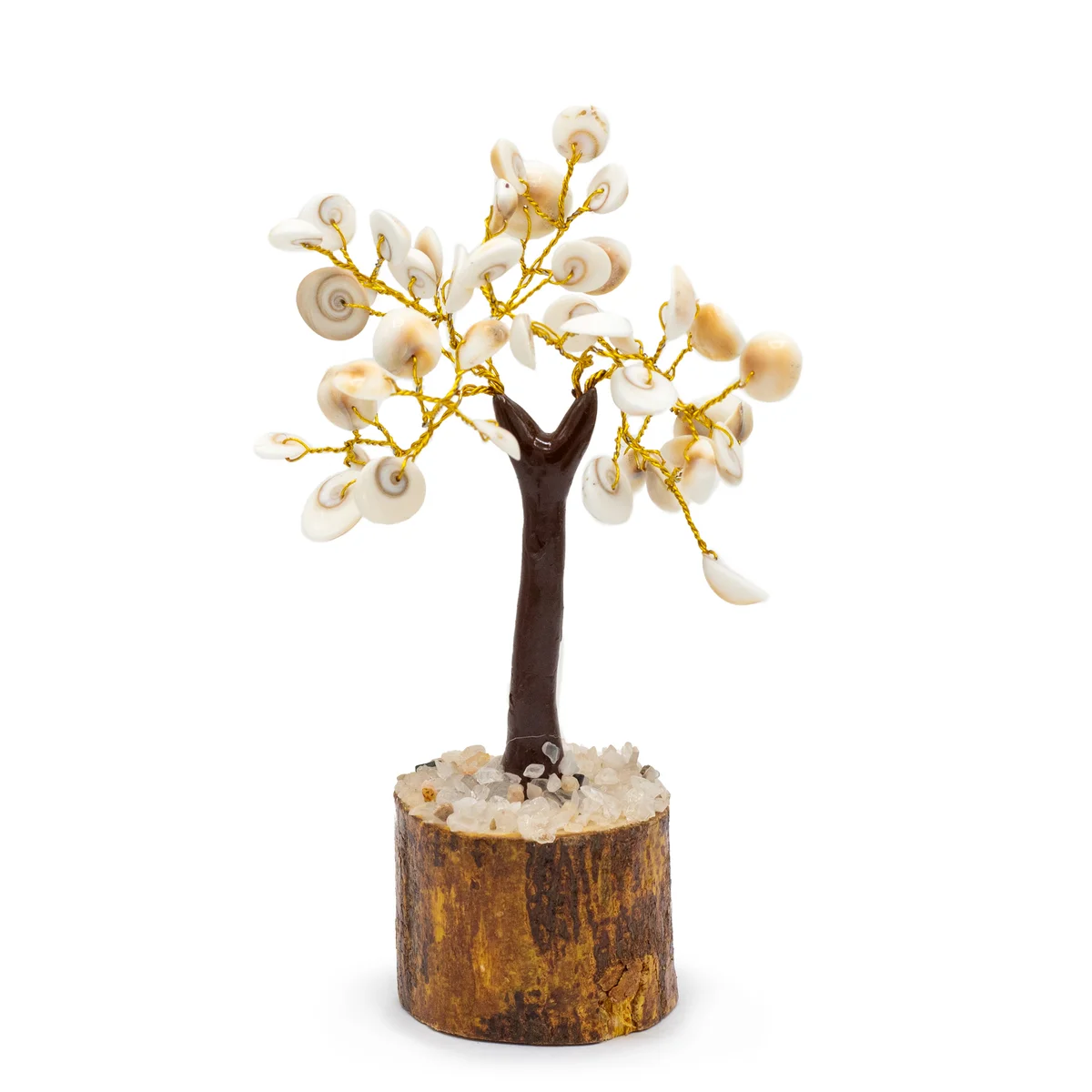 Med Gomati Chakra circle stone tree with 45 polished stones arranged in a circular tree shape on a wooden base