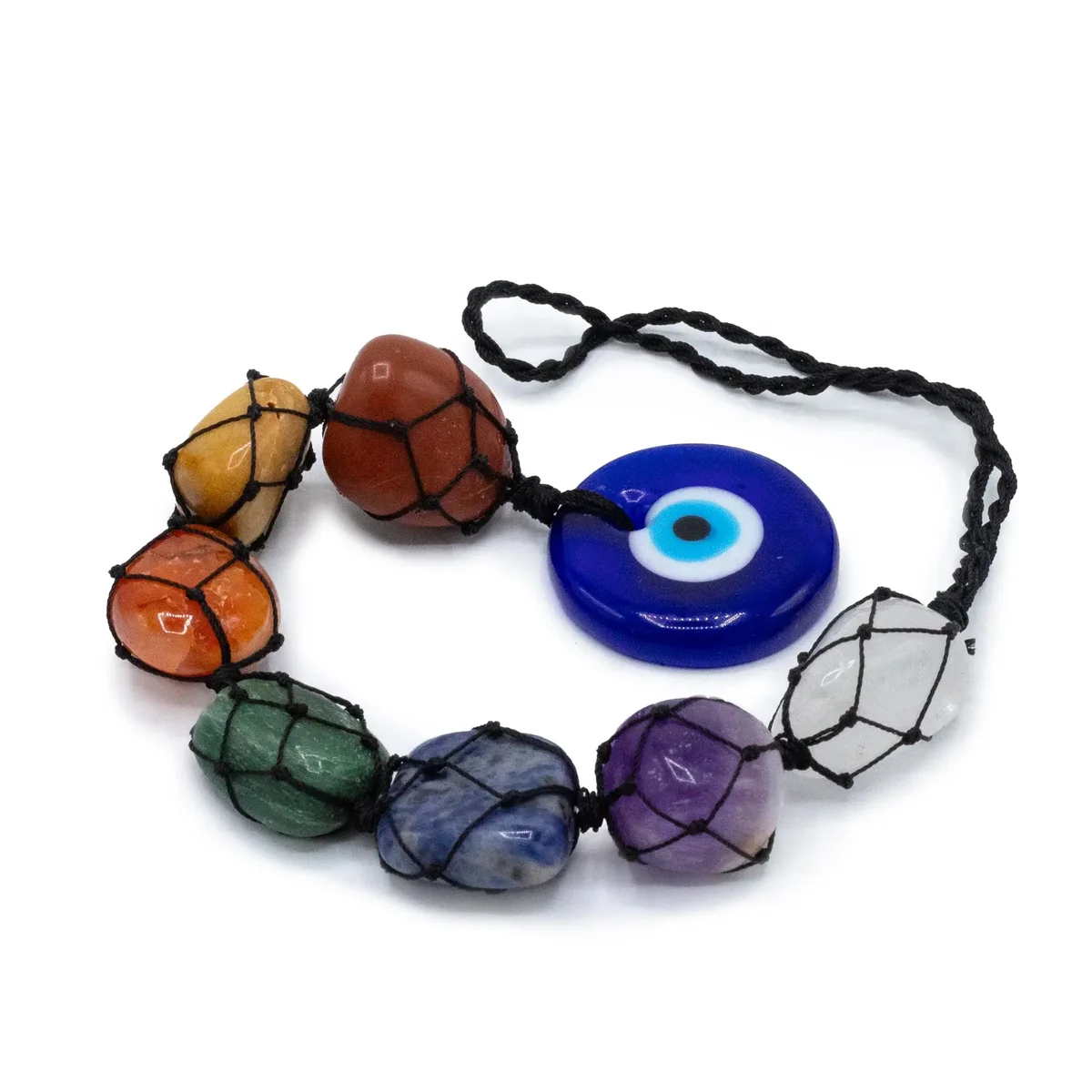Hanging chakra stone evil eye pendant with multicolored beads on a silver chain against white background