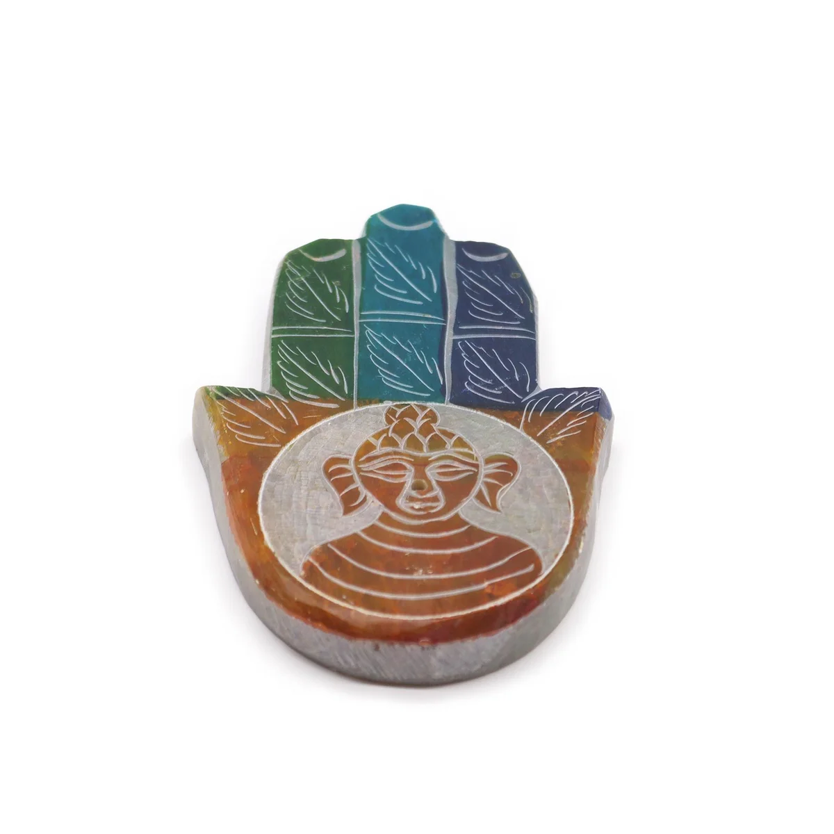 Soapstone Hamsa incense holder featuring a Buddha design for holding incense sticks or cones