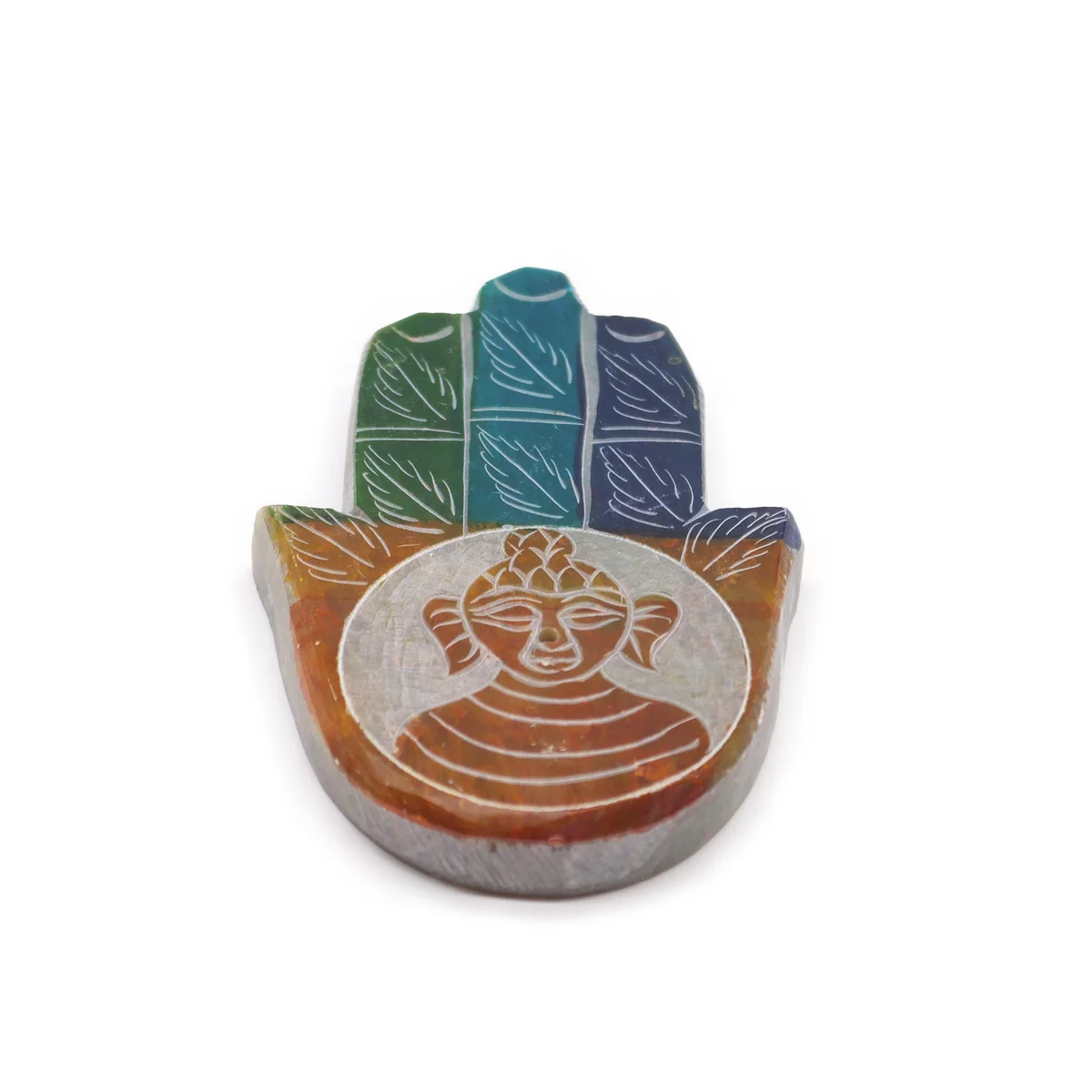 Soapstone Buddah incense holder shaped like a Hamsa hand with intricate carved details on a white background