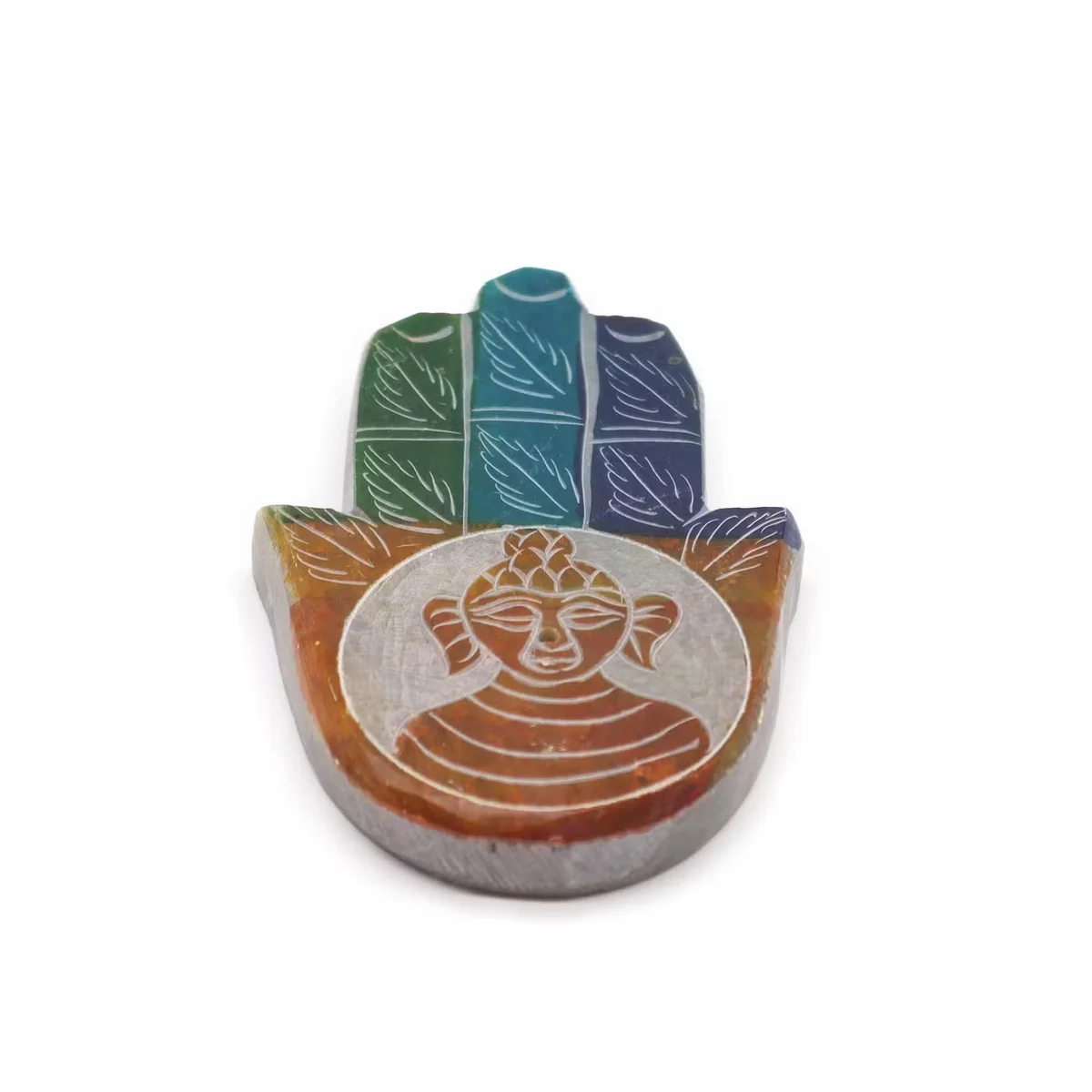 Soapstone decorative incense holder shaped like a Hamsa hand with Buddha carving, shown from a side angle on white background