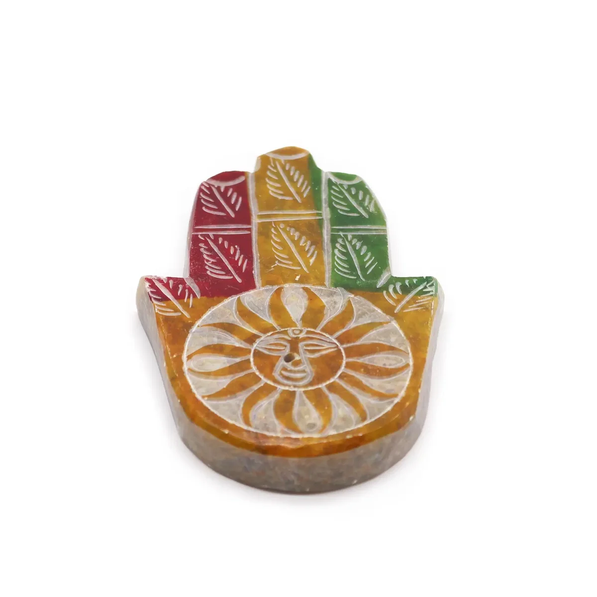 Soapstone hamsa incense holder featuring a detailed sun face design for holding incense sticks securely