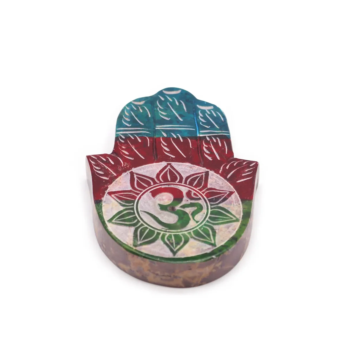 Soapstone hamsa incense holder featuring OM symbol, designed to hold burning incense sticks safely and decoratively
