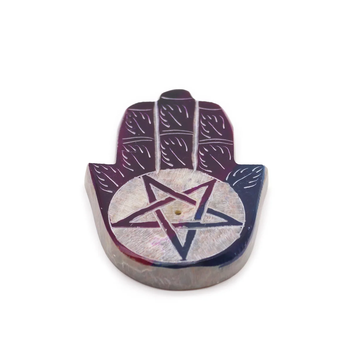 Soapstone incense holder shaped like a pentagon with a Hamsa hand design carved on the surface