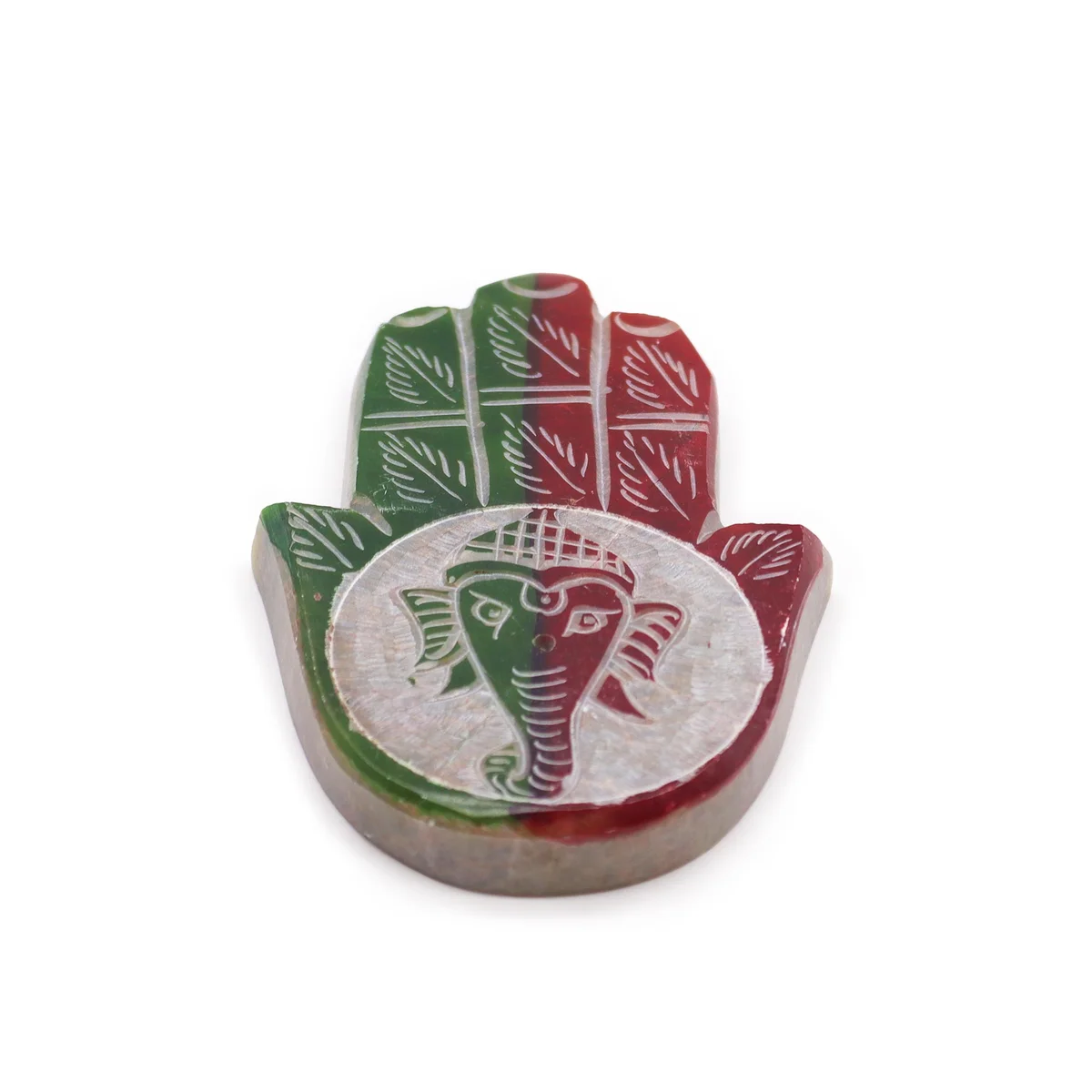 Soapstone ganesha incense holder shaped like a Hamsa hand with detailed carvings on a white background