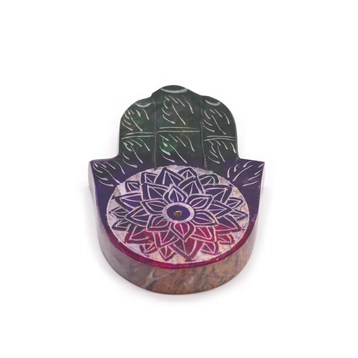Soapstone lotus flower incense holder shaped like a Hamsa hand with detailed carvings on a white background