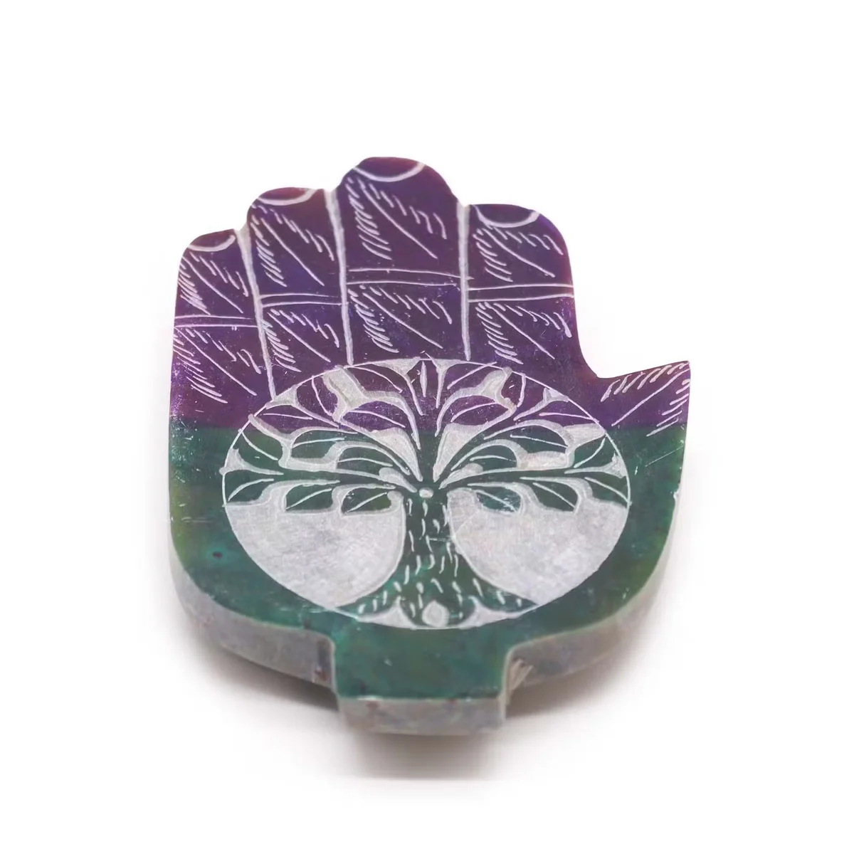 Soapstone decorative incense holder featuring a meditative Hamsa hand with Tree of Life design, shown from above on white background