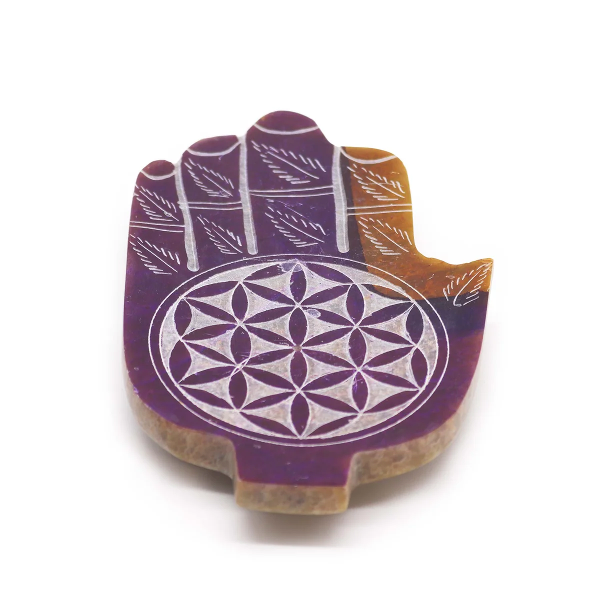 Soapstone incense holder with med hamsa design and flower of life decor pattern, carved detail visible on surface