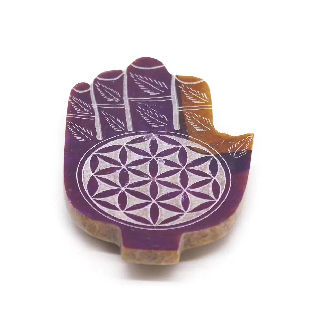 Soapstone home ornament featuring a meditative Hamsa hand incense holder with Flower of Life design on smooth surface