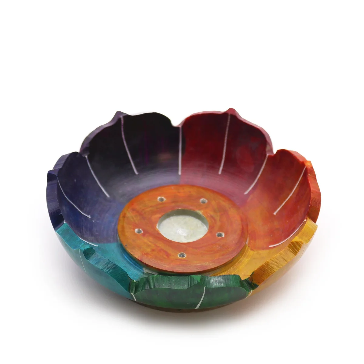 Soapstone incense holder shaped like a lotus flower with vibrant chakra colours on each petal