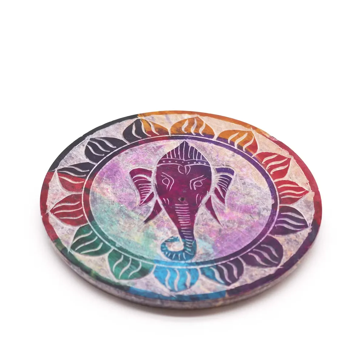 Soapstone disc incense holder featuring Ganesha design, ideal soapstone home decor accessory