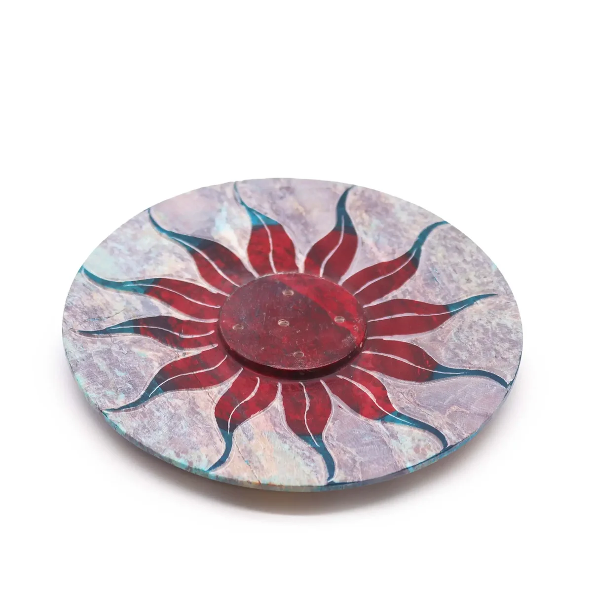 Soapstone disc incense holder with sun flower design, holds five incense sticks, natural stone finish