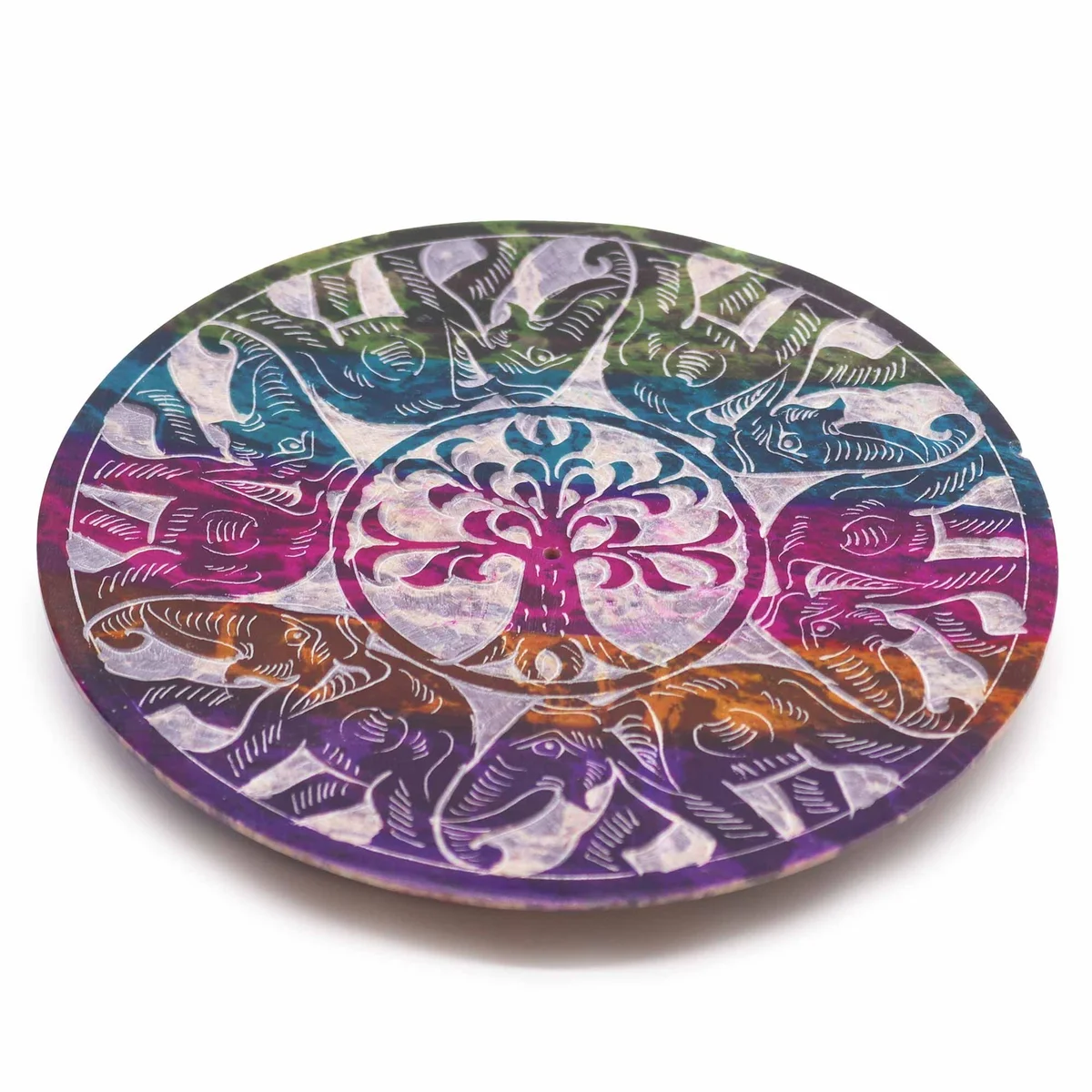 Round soapstone incense holder disc featuring six carved lucky elephants, designed for holding incense sticks.