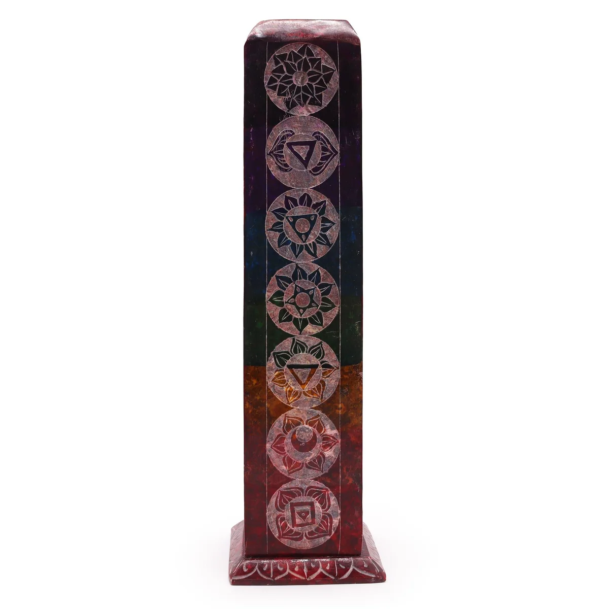 Soapstone incense holder tower, square shape with seven slots for incense sticks, carved into a tower design.
