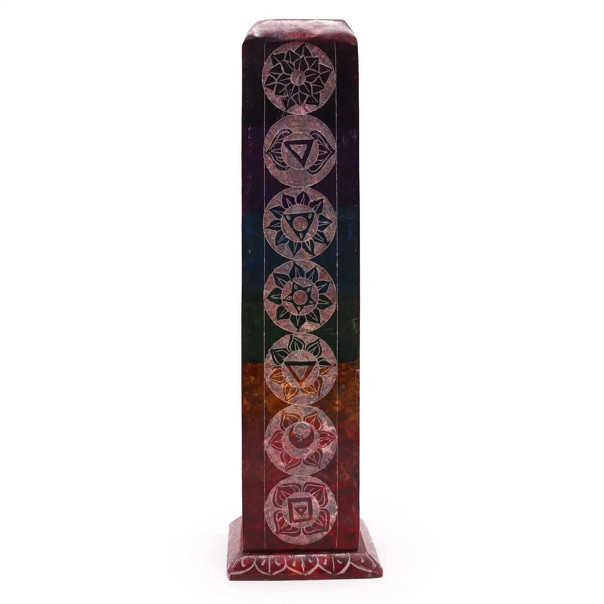 Soapstone square tower incense holder with seven chakras segments.