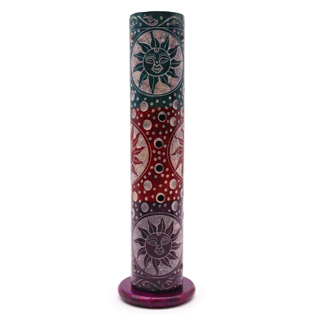 Soapstone incense holder, round tower shape highlighted with sun motifs in the photo