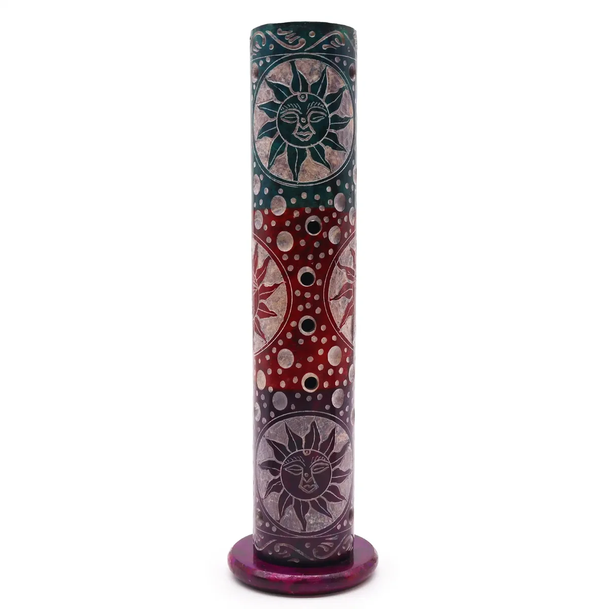 Soapstone round tower incense holder featuring Suns design