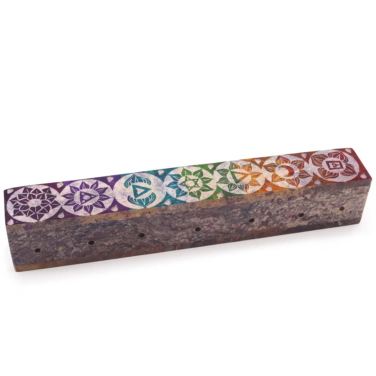 Soapstone incense box with smoke holes, Chakra design, smooth matte finish