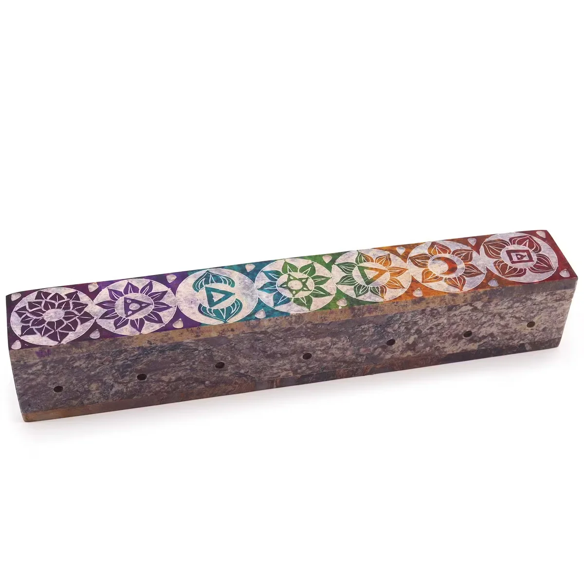 Soapstone incense holder with carved smoke holes, chakra design, smooth stone surface