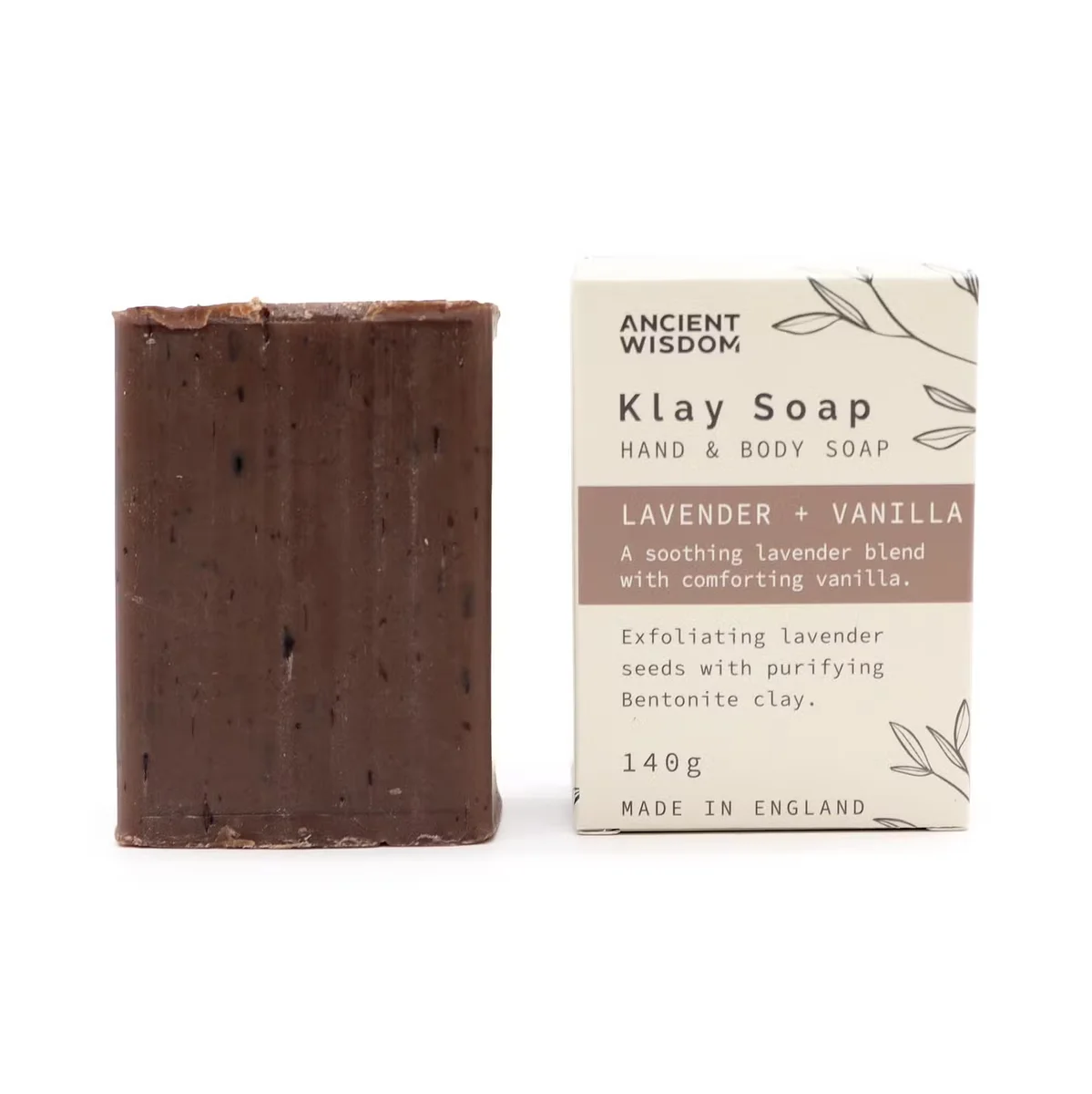 Bar of Klay bath soap lavender and vanilla scent with natural clay texture on a white background