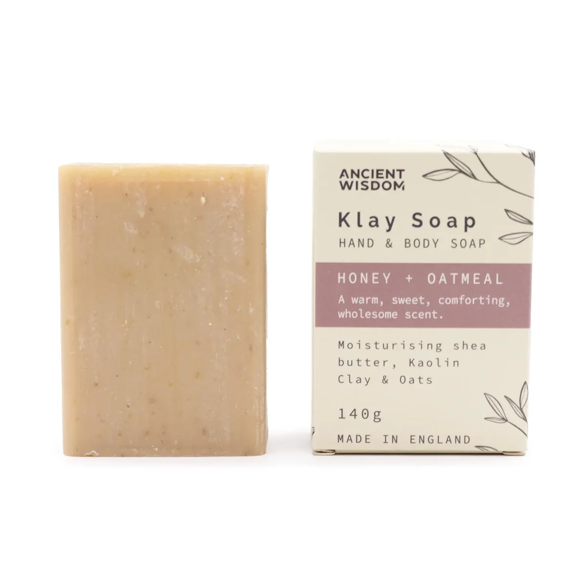 Bar of Klay Soap Honey Oatmeal natural bath soap with honey and oatmeal ingredients on white background