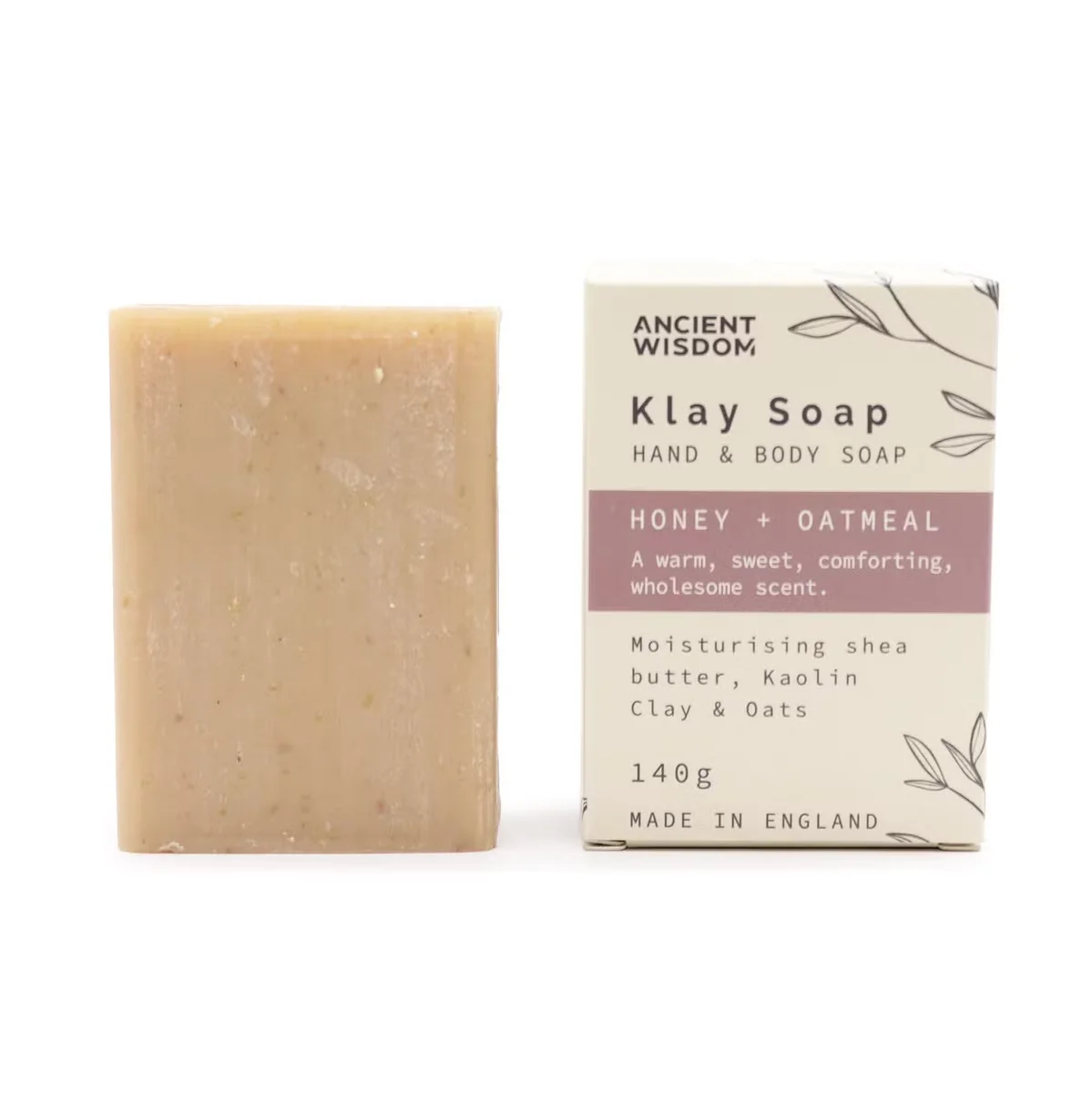 Bar of Klay Honey Oatmeal skin soothing soap with honey and oatmeal ingredients on white background