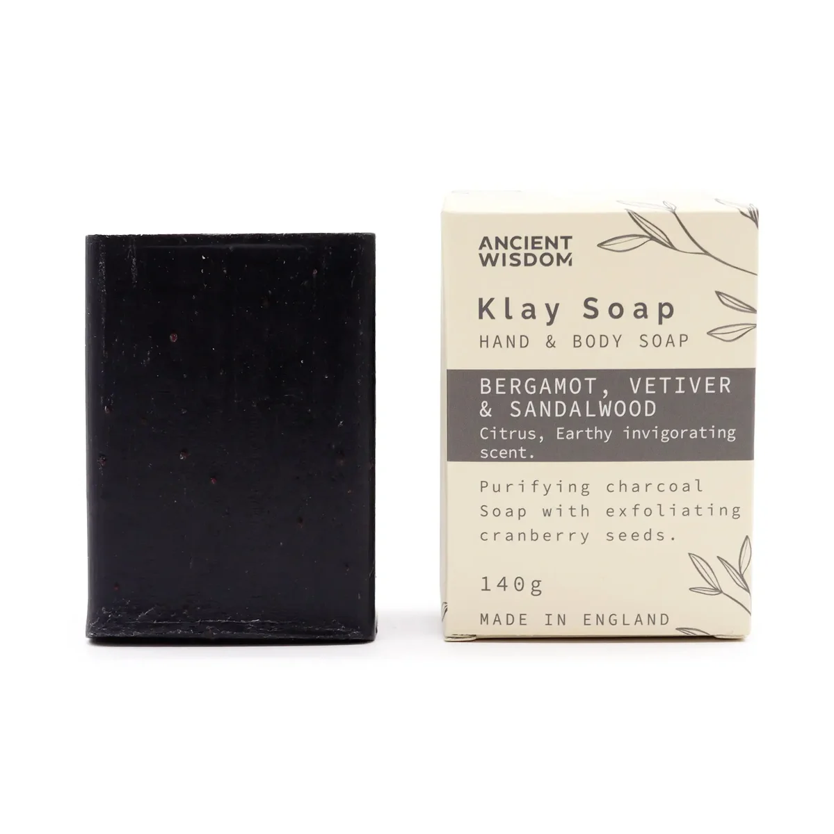 Bar of Klay natural scented soap with bergamot and sandalwood fragrance on a plain background