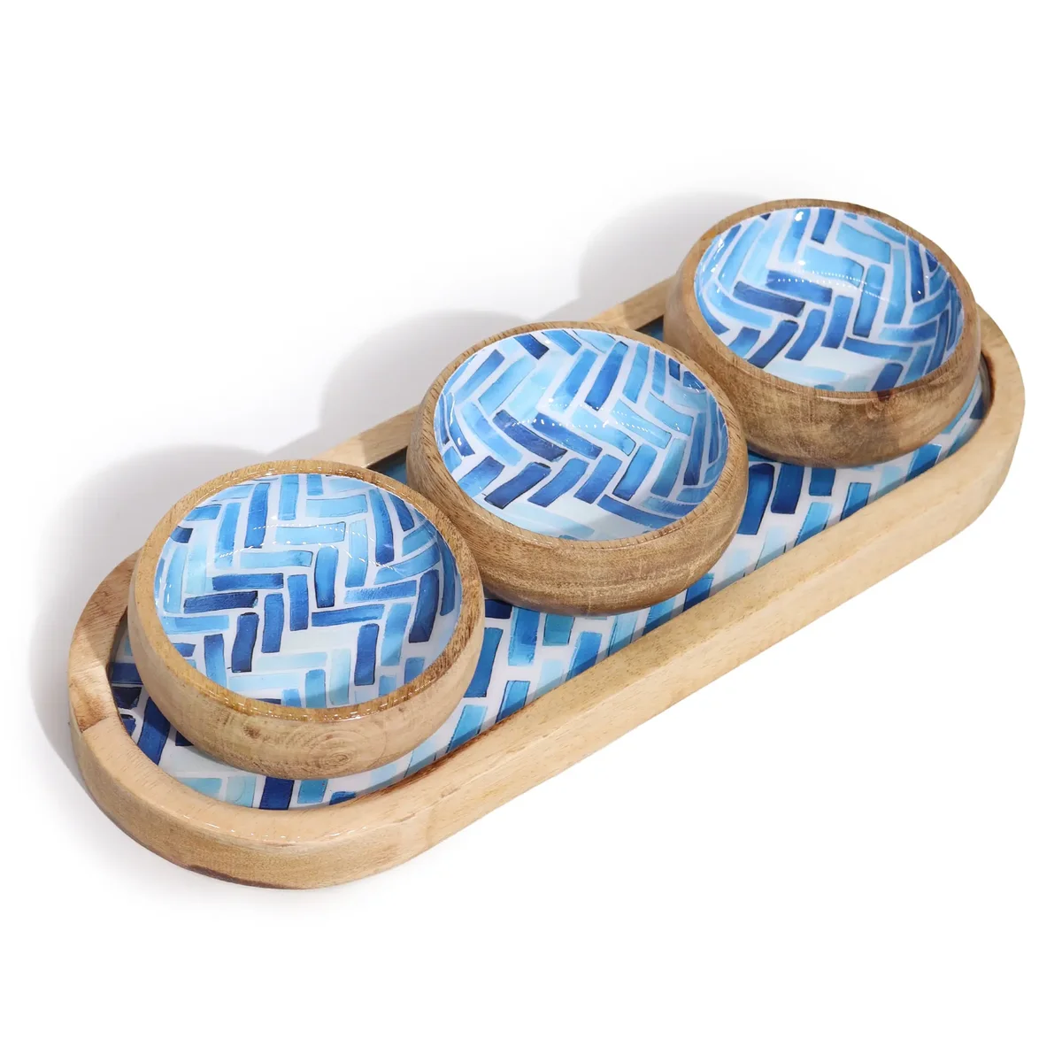 Wooden tray with bowls made of mango wood featuring blue stripes and three matching bowls on top