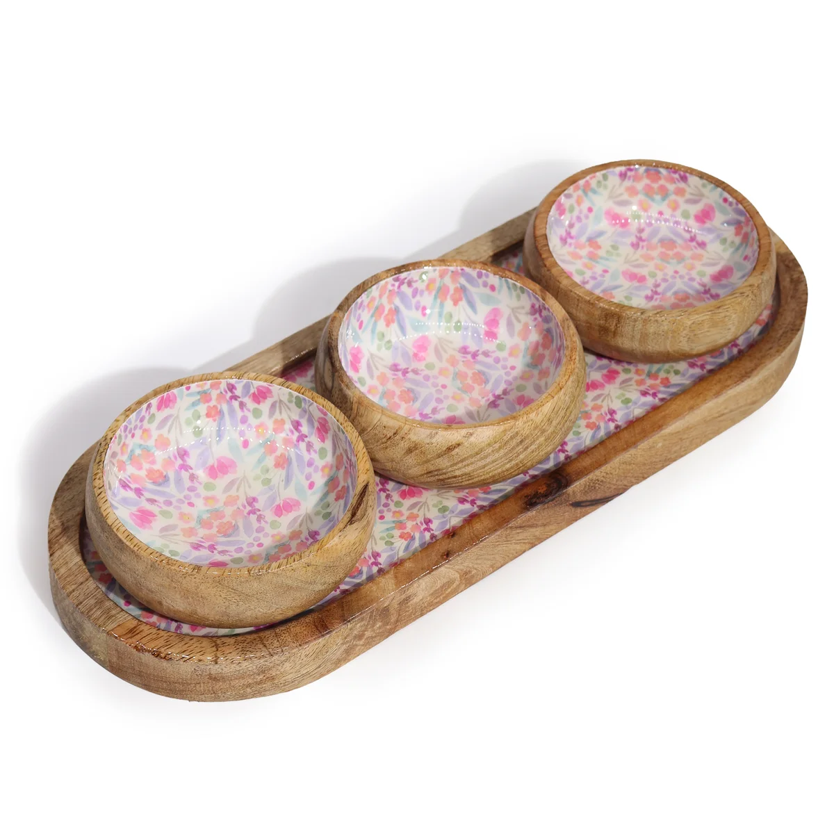 Floral serving tray made from mango wood with three matching bowls, featuring a pretty floral design.