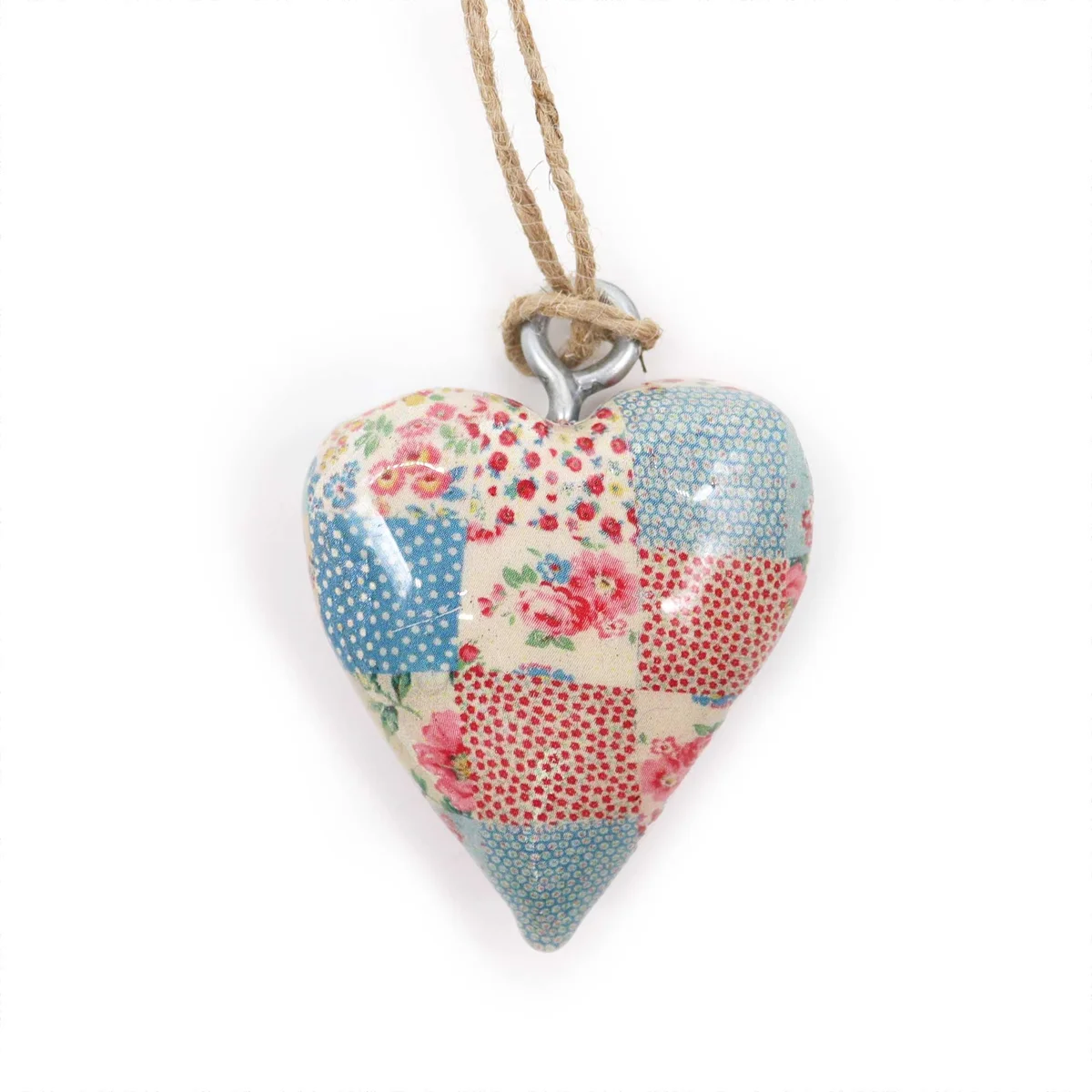 Small wooden heart decor in blue and red with checkered pattern, crafted from wood, featuring a classic heart shape.