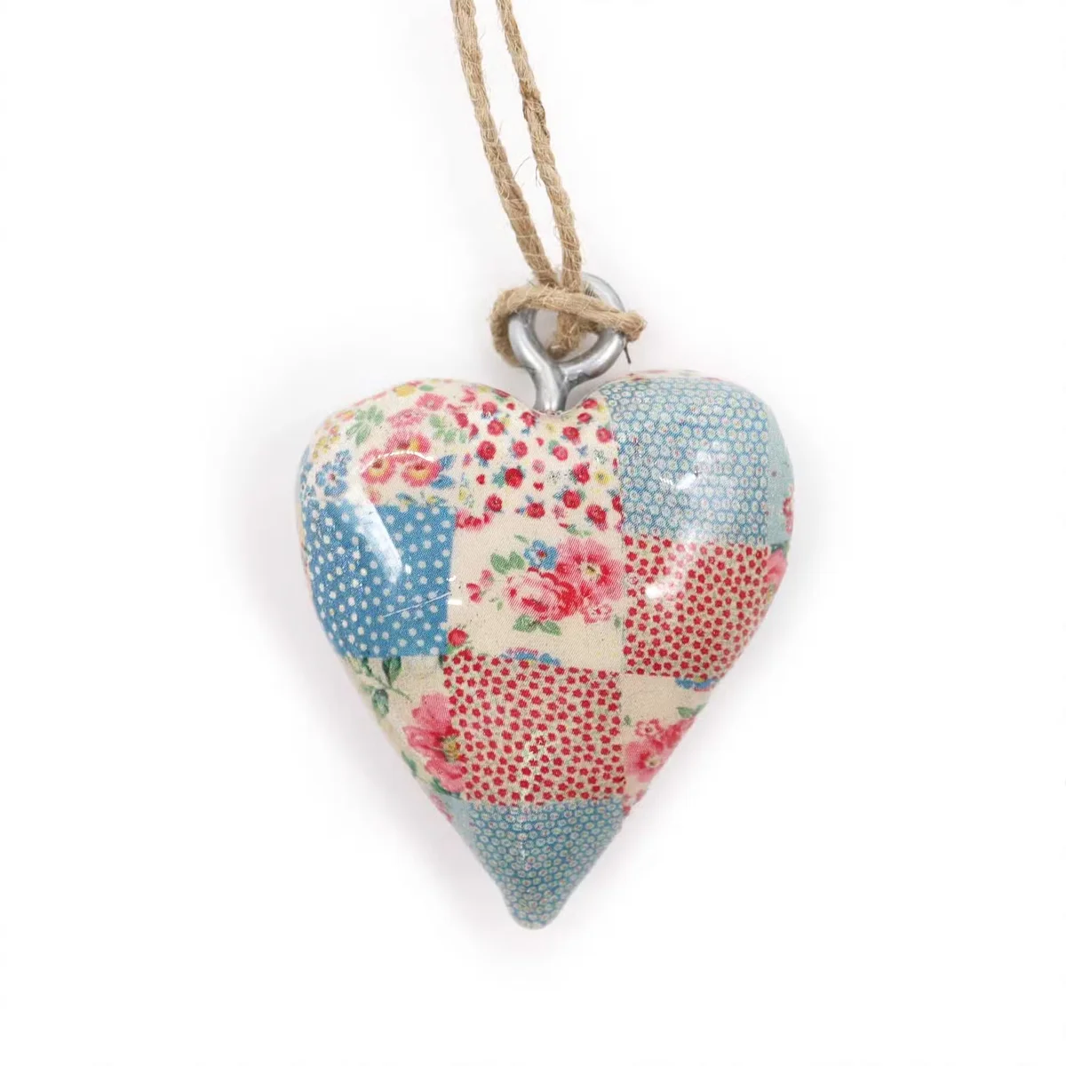 small decor wooden heart ornament in cheque blue and red