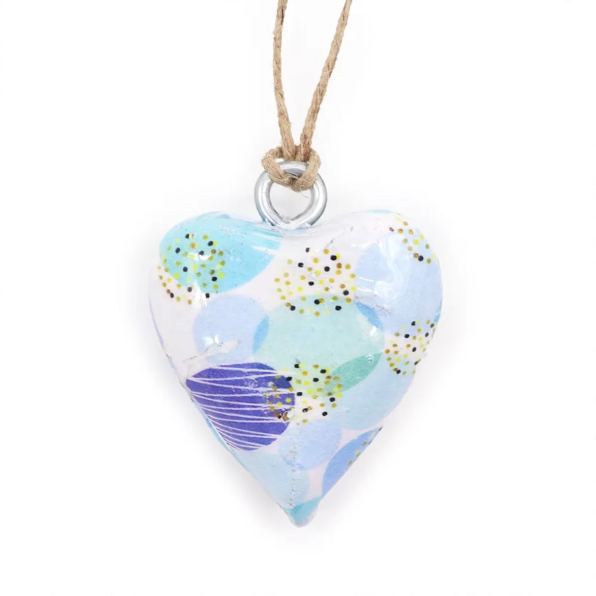Small wooden heart decoration in blue abstract design, perfect for small home decoration.