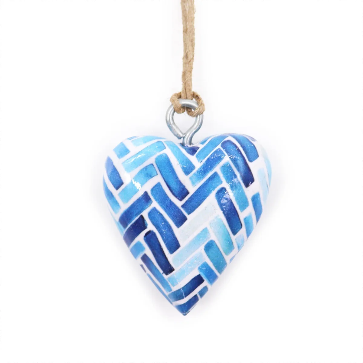 Small wooden heart ornament with blue stripes, decorative wooden heart for home decor or gifts
