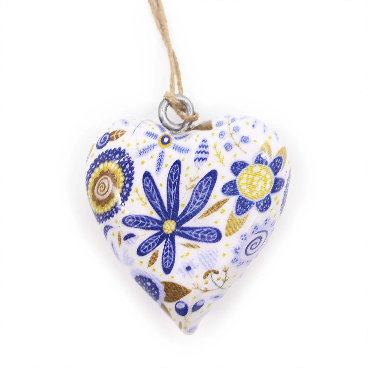 Large wooden heart decorated with blue floral design for home decor, shown on a white background, image position 2