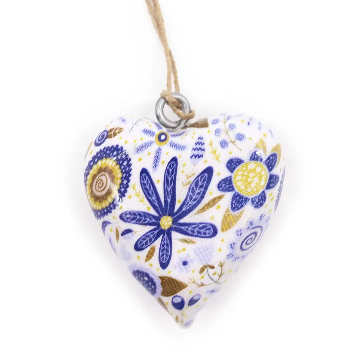 Large wooden heart with blue floral design, decorative floral wall hanging for home decor, third product image