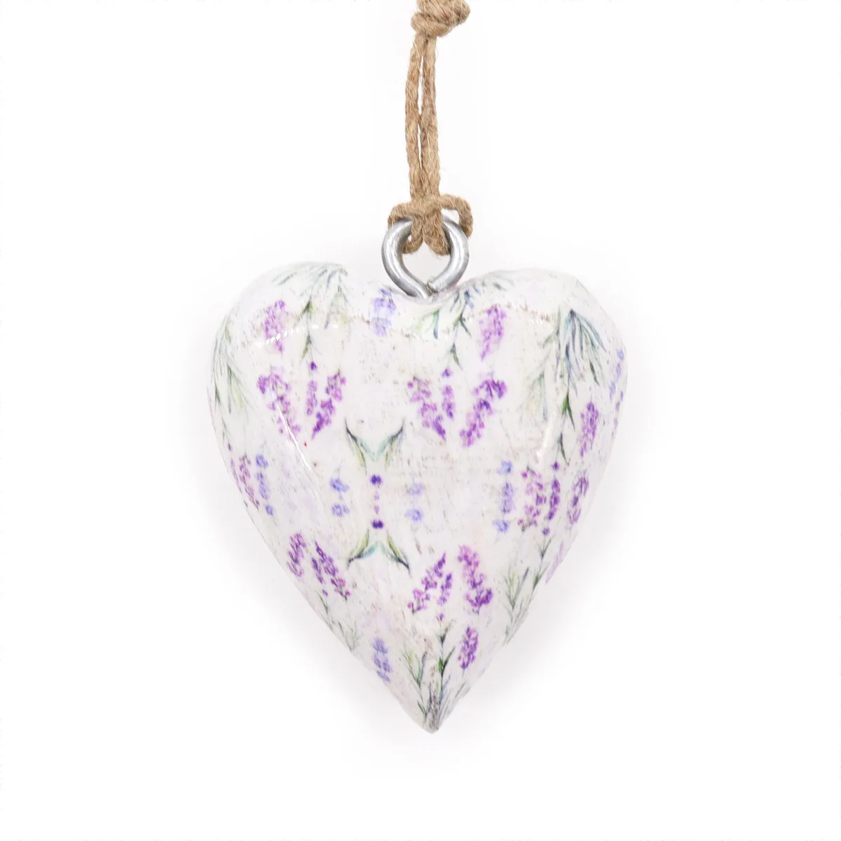 Large wooden heart decoration painted lavender with a rustic finish for home decor.