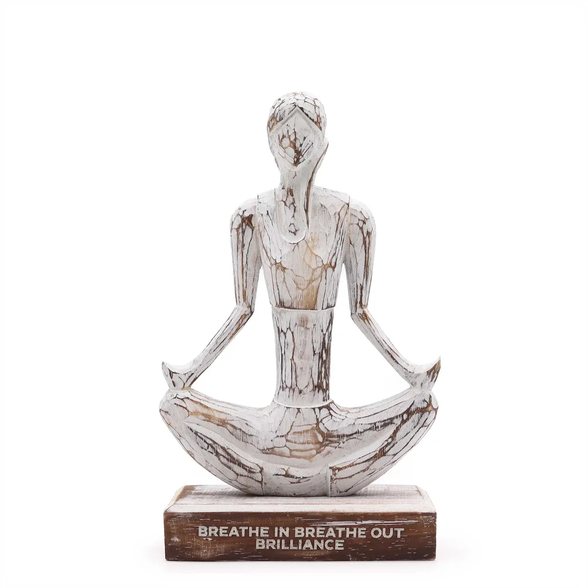 Whitewash yoga ornament of a wooden lady in easy pose with "Breathe in Breathe out Brilliance" inscription