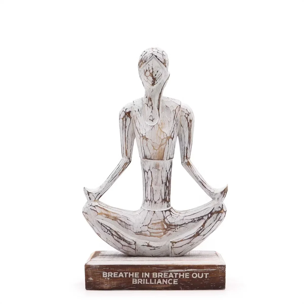 Whitewash wooden yoga lady in easy pose with "Breathe in Breathe out Brilliance" text, meditation wooden figure