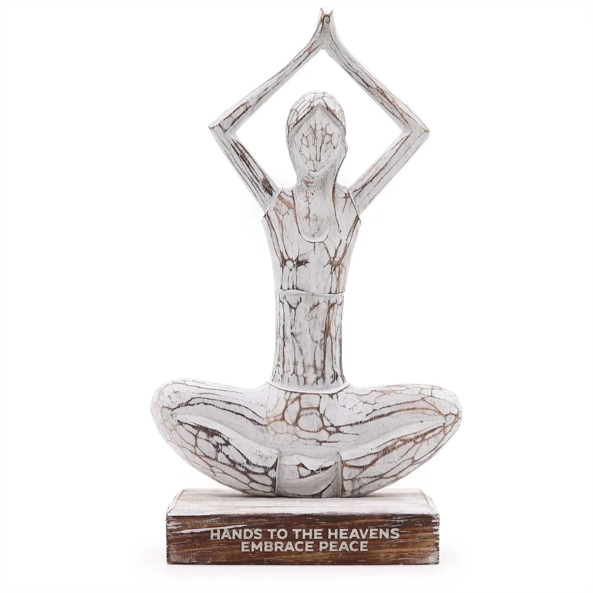 Whitewashed wooden yoga lady ornament in hands up pose titled "Hands to the Heavens Embrace Peace