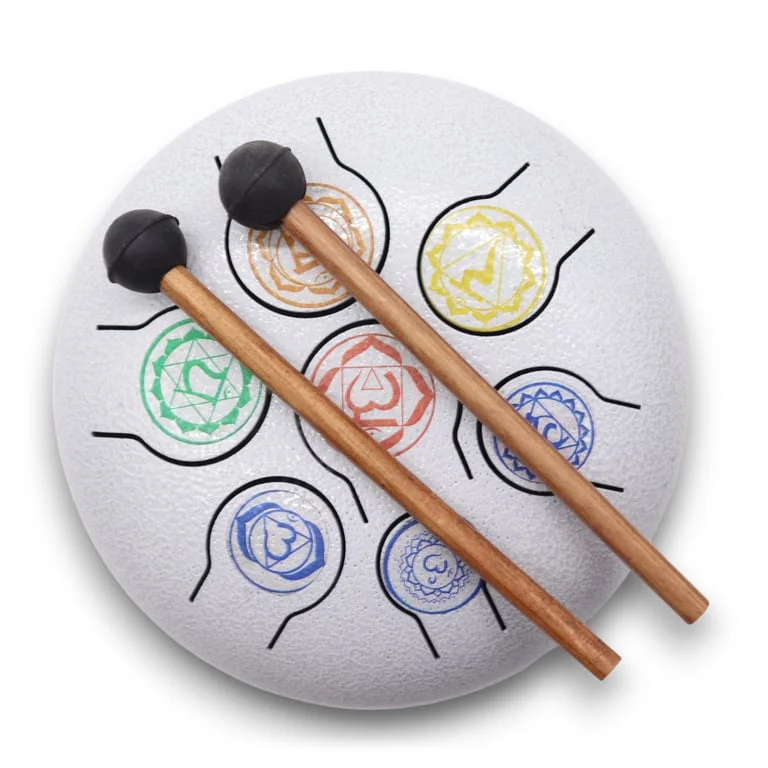 Hapi 7 chakra drum, 18cm, round drum with colourful panels.