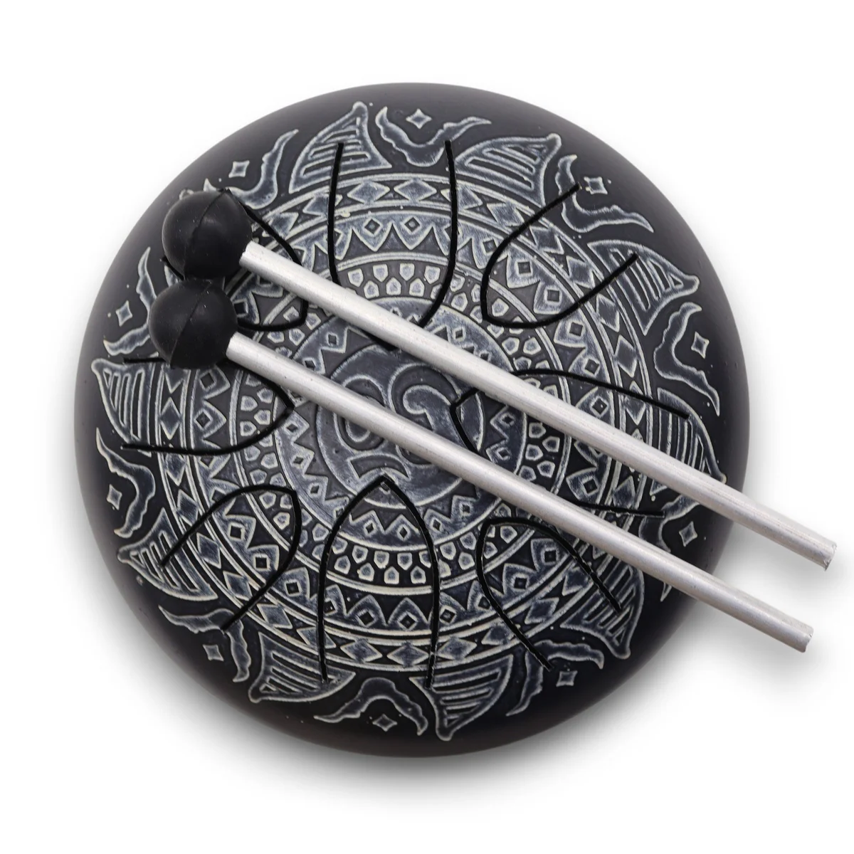 Hapi drum 16cm with Om Mandala design engraved on the metal surface, round shape, natural wood base