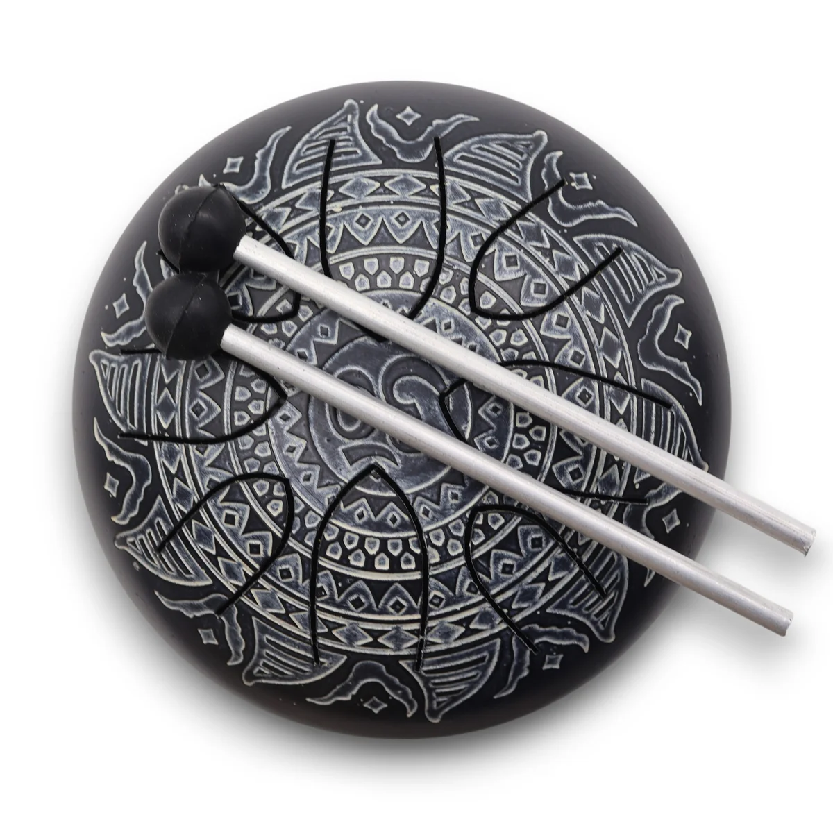 Engraved hapi drum with Om Mandala design, 16cm diameter, wooden body and metal tongue drum surface