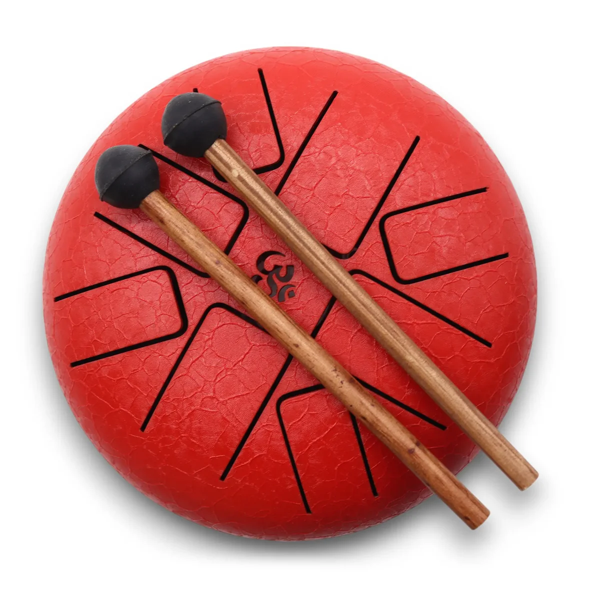 Red Hapi Drum Om with 16cm diameter showing smooth curved surface and central sound hole on white background